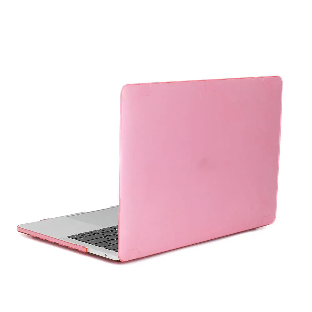Frosted transparent black plastic protective case fitted on a MacBook Pro showing matte finish