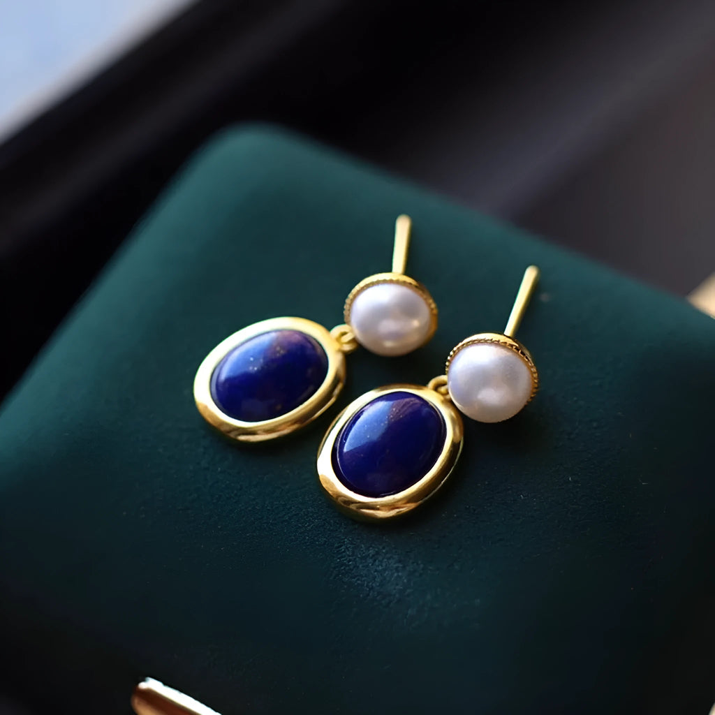 Lapis lazuli pearl earrings in sterling silver with simple style and auspicious patterns.