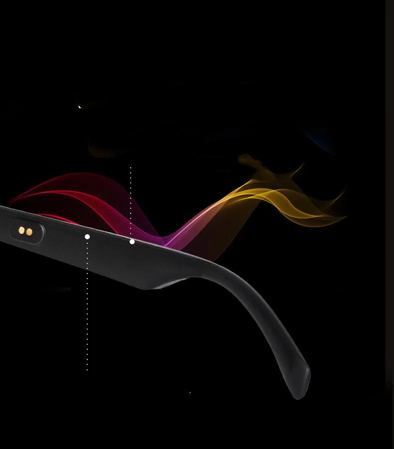 Smart Bluetooth audio glasses with semi-open ear speakers and dark polarised lenses.