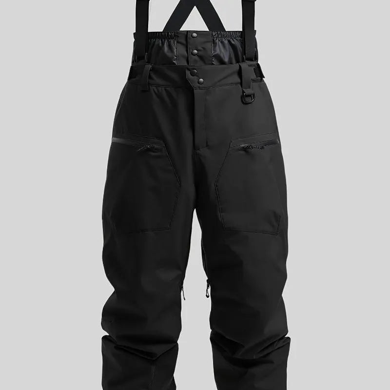 Men's black waterproof ski trousers with adjustable waist strap laid flat