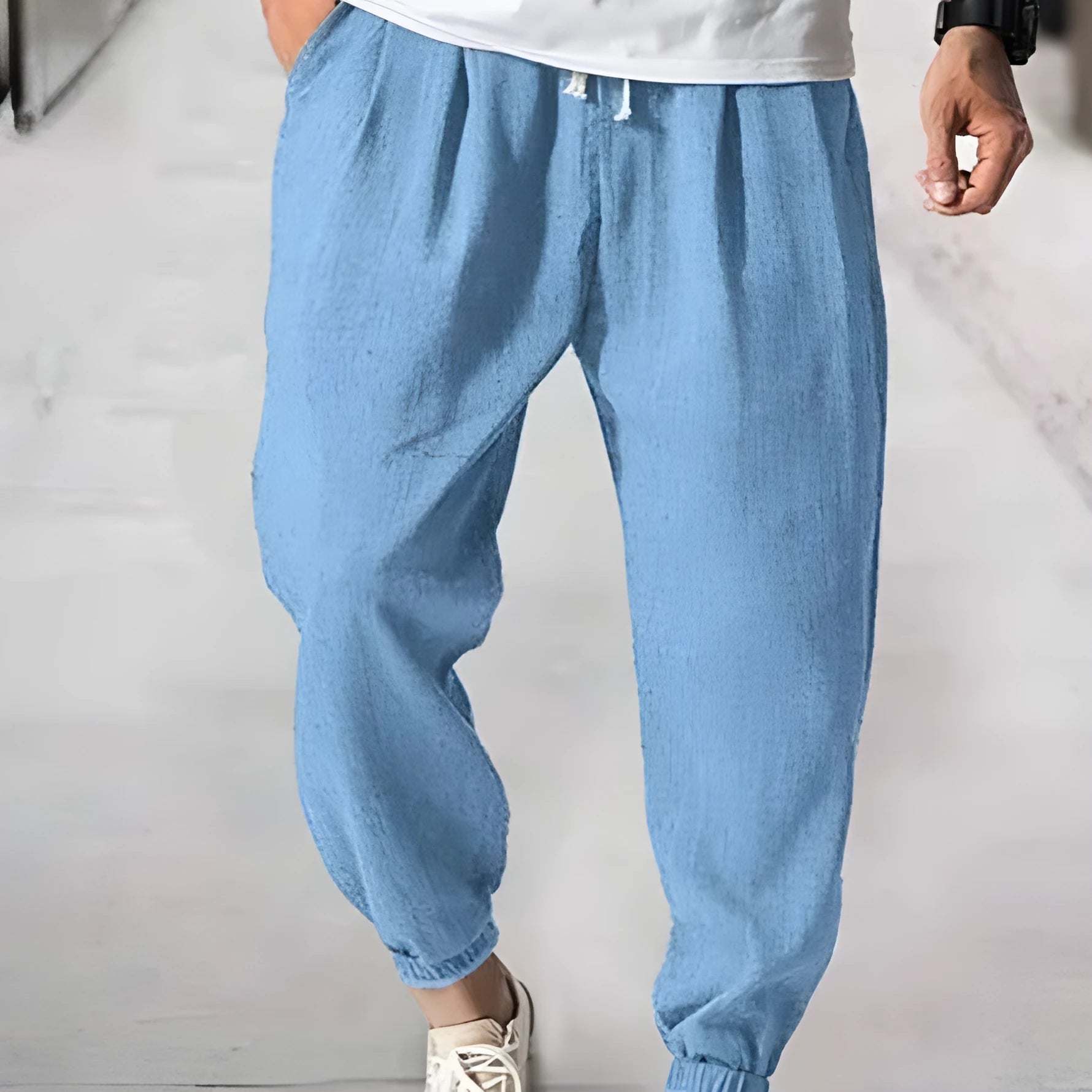 Men's loose cotton ankle pants with elasticated bands in light green colour