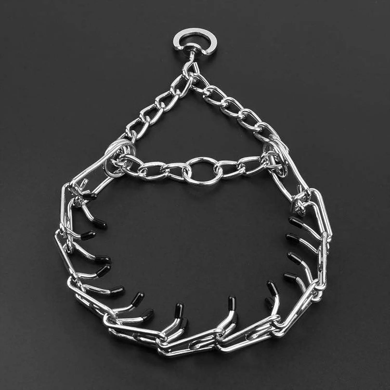 Stainless steel dog training collar with adjustable links and comfort rubber tips in four sizes