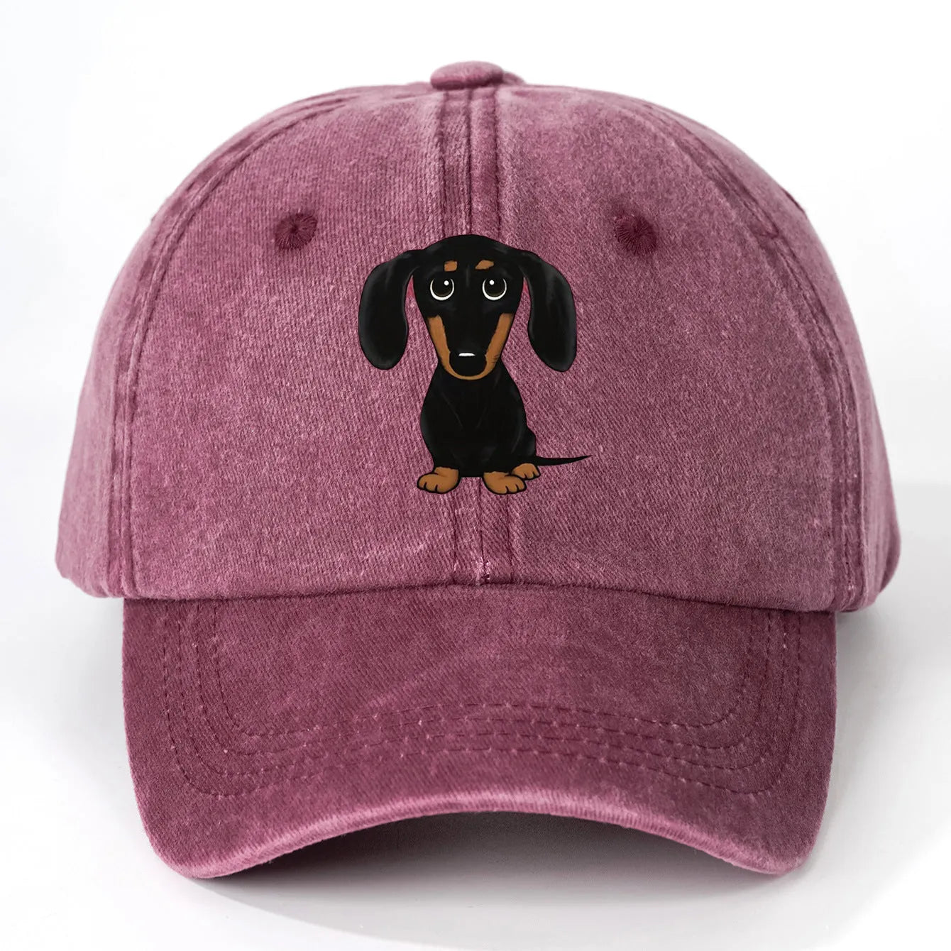 Retro washed baseball cap with printed Dachshund design in dome crown style