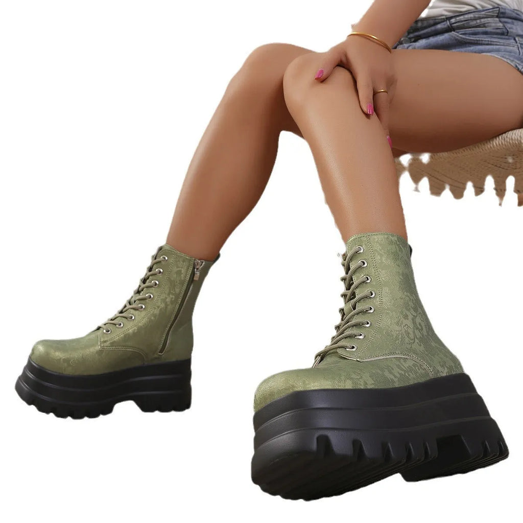 Women's black retro platform boots with chunky heel and side zipper