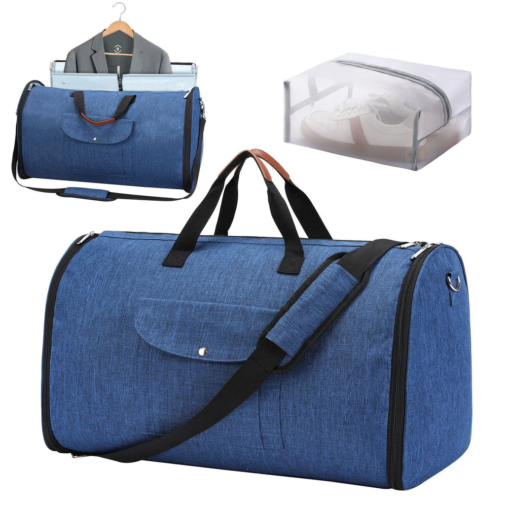 Folding duffel luggage bag in dark blue, grey, or black, suitable for business travel and gym.