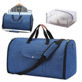 Folding duffel luggage bag in dark blue, grey, or black, suitable for business travel and gym.