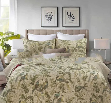 Blue American floral and bird pattern cotton bedspread quilt set with three pieces