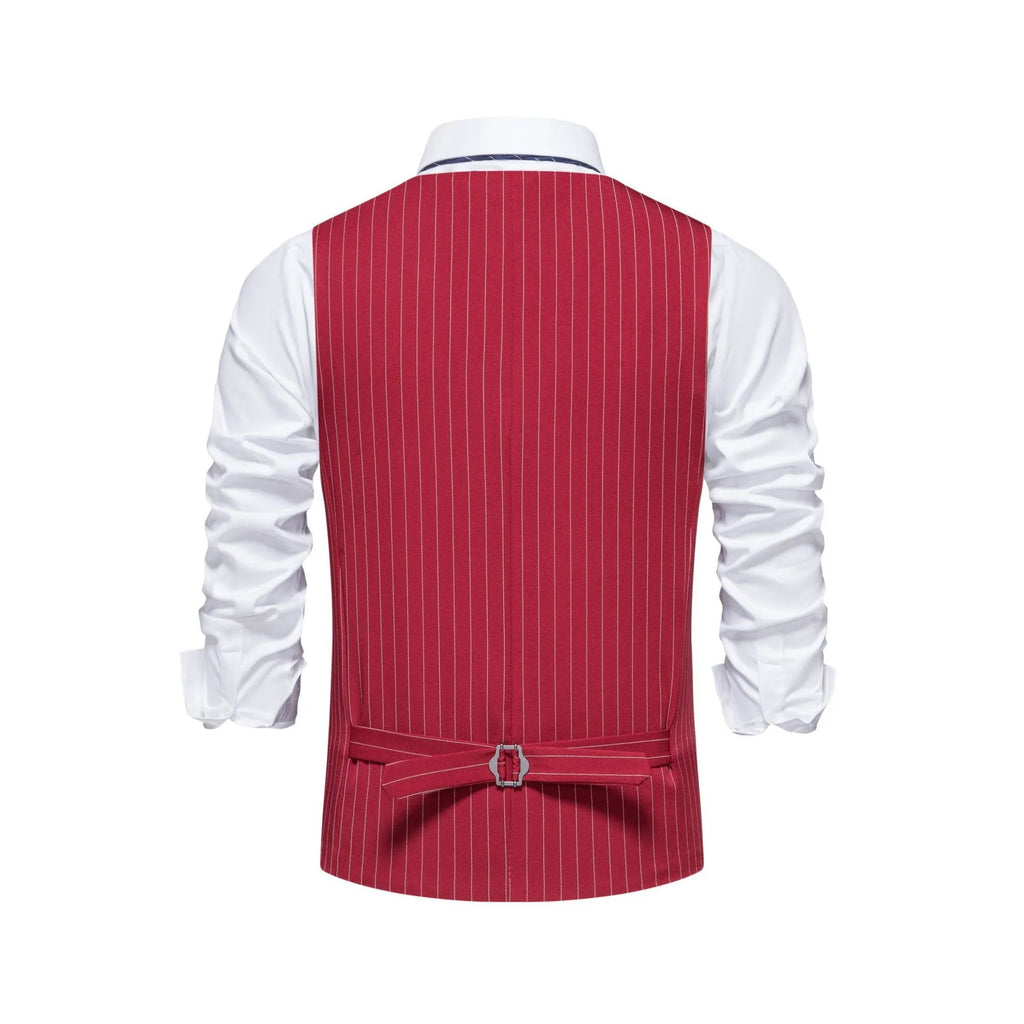 Men's striped formal suit vest with a non-iron finish on a hanger