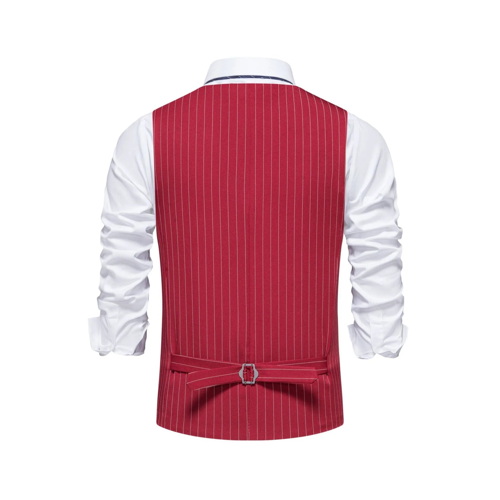 Men's striped formal suit vest with a non-iron finish on a hanger