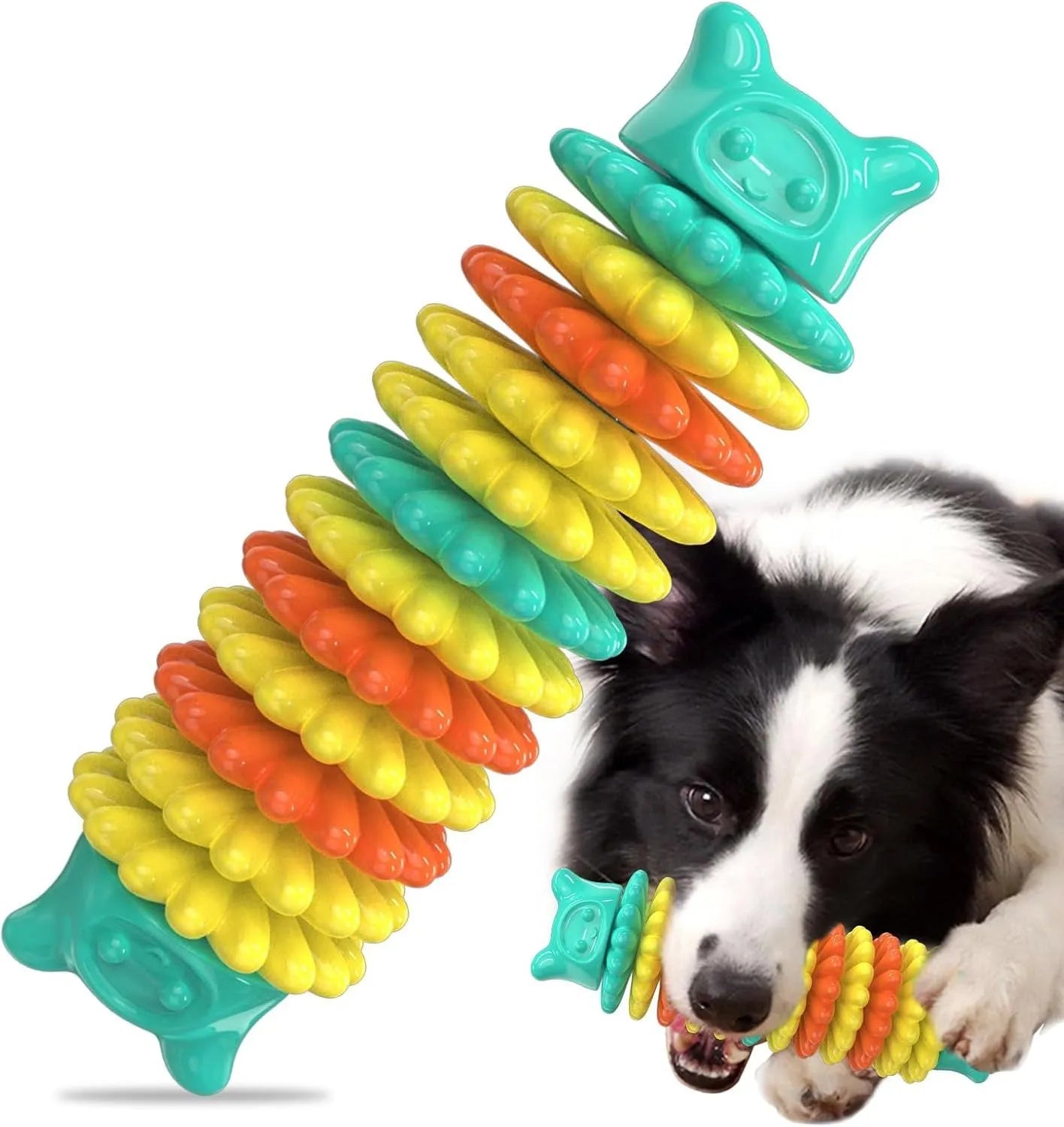 Blue natural rubber caterpillar-shaped dog chew toy measuring 17 cm long