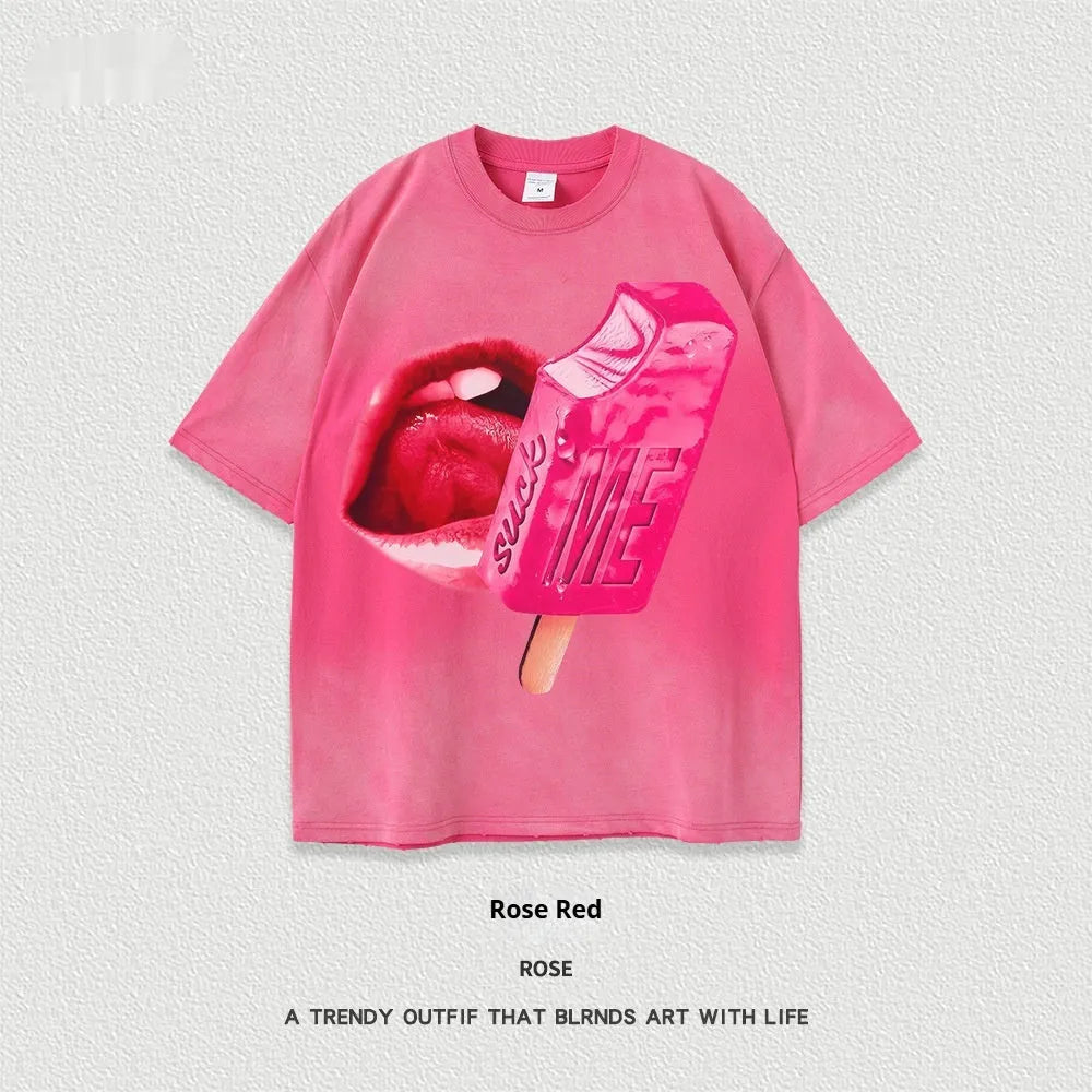 A loose-fit, heavy washed short-sleeved streetwear T-shirt on a hanger.