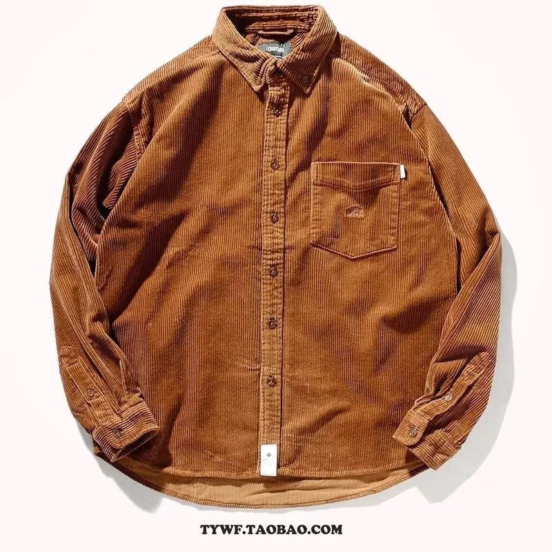 Men's loose corduroy long sleeve shirt cardigan in caramel colour with Hong Kong style fit