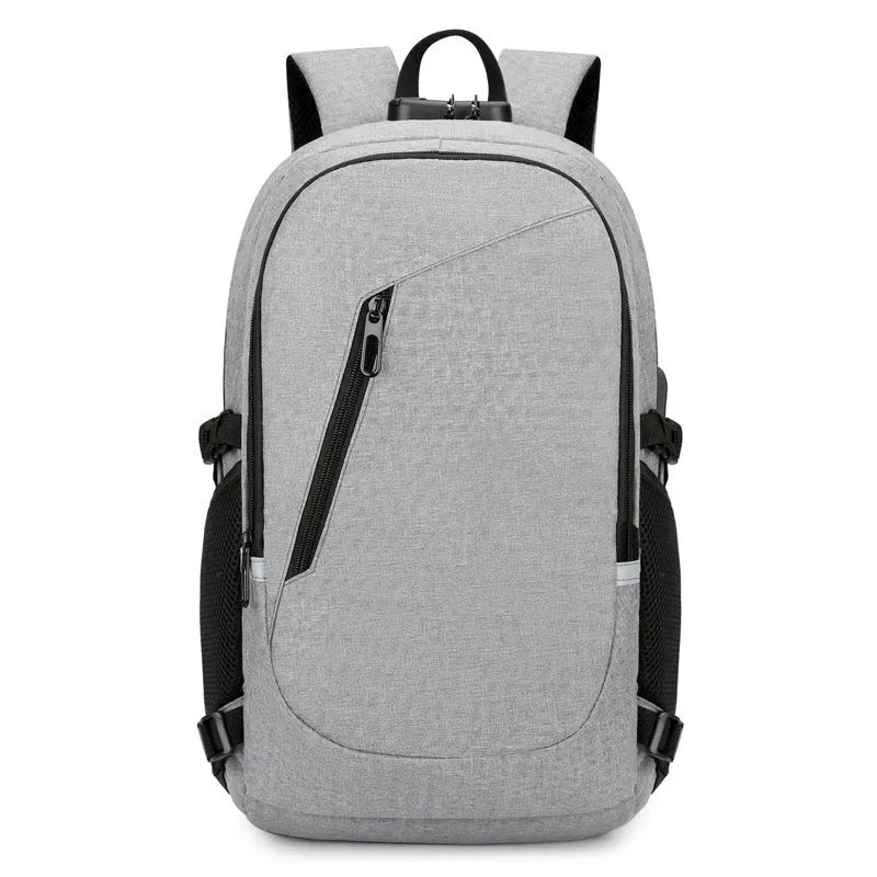 Grey Oxford cloth computer backpack with 35 litre capacity showing front compartment and shoulder straps