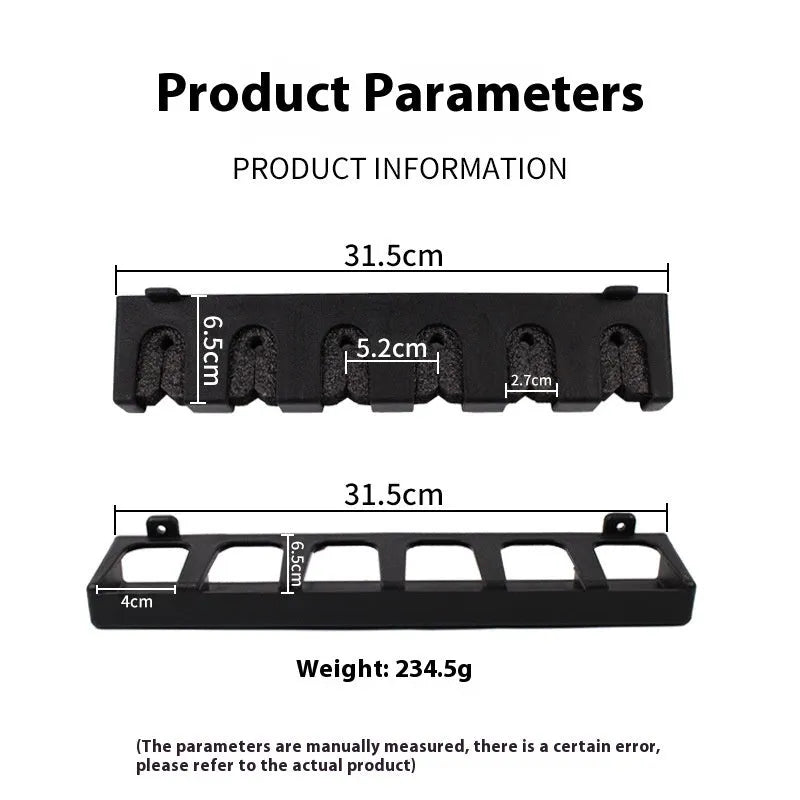 Black wall-mounted fishing rod storage rack in ABS plastic with vertical and horizontal mounting options