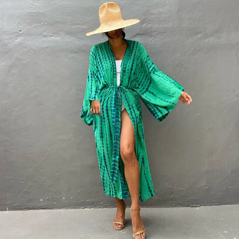 Women's printed cotton beach cover-up shirt in loose fit for sun protection over bikini.