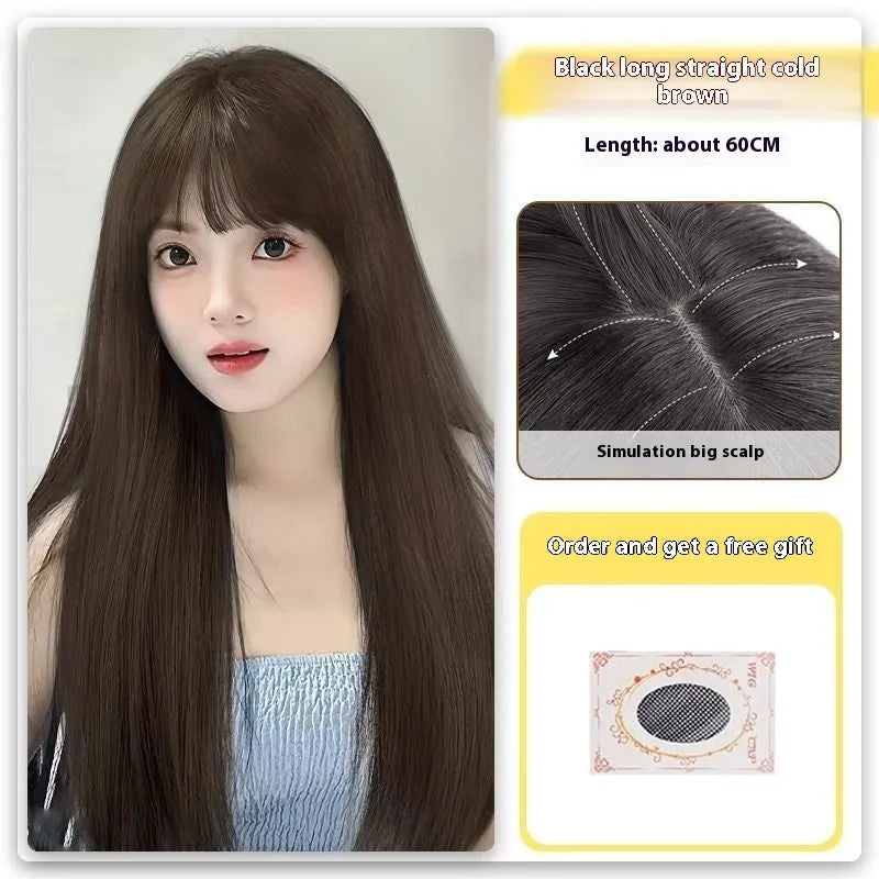Long straight black wig with forehead lace and side bangs made from high temperature fibre.