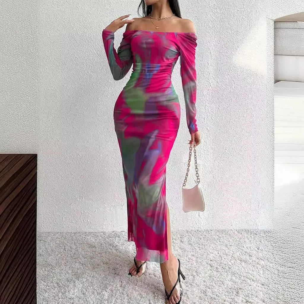 Women's long fishtail dress with square collar, pleated mesh fabric, and a split hem in a gradient colour.
