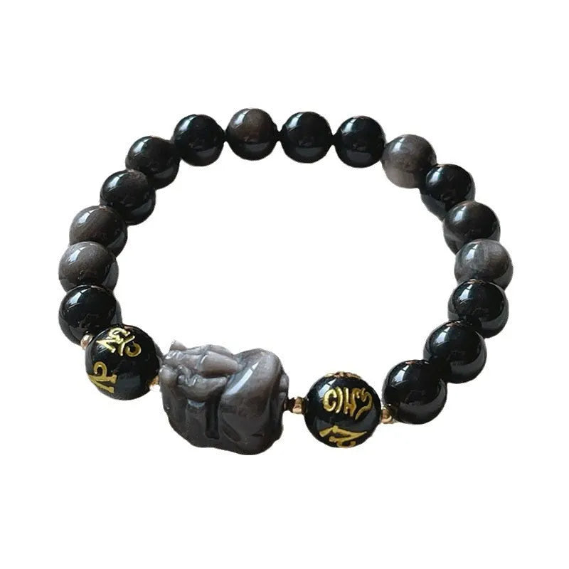 Natural silverstone men's bracelet with zodiac symbols and proverb beads in Chinese style design