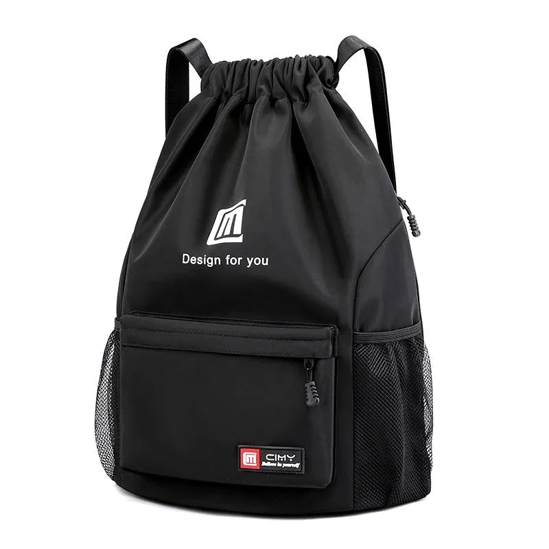 Oxford waterproof drawstring travel backpack in multiple colours showing foldable design and shoulder straps