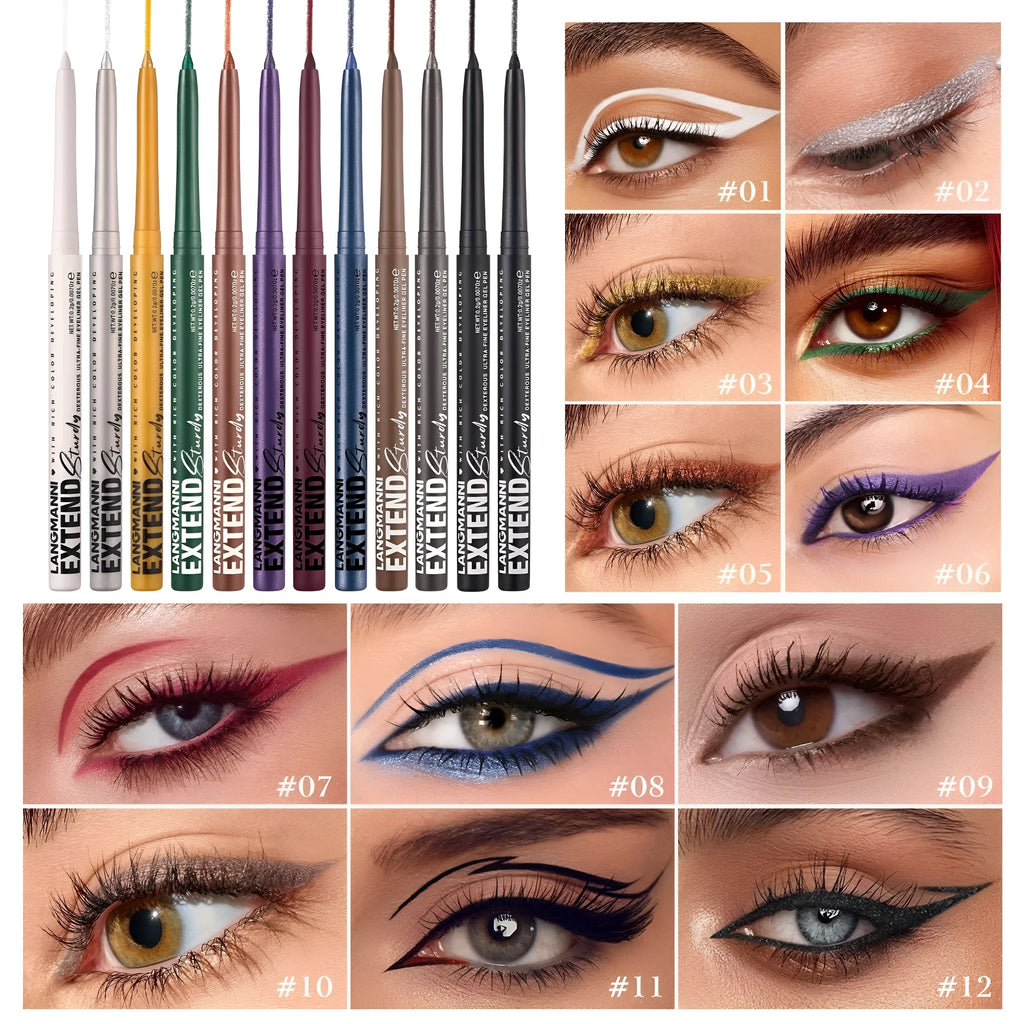 Set of 12 colourful gel glitter eyeliner pencils with matte, glitter, metallic, and pearl finishes