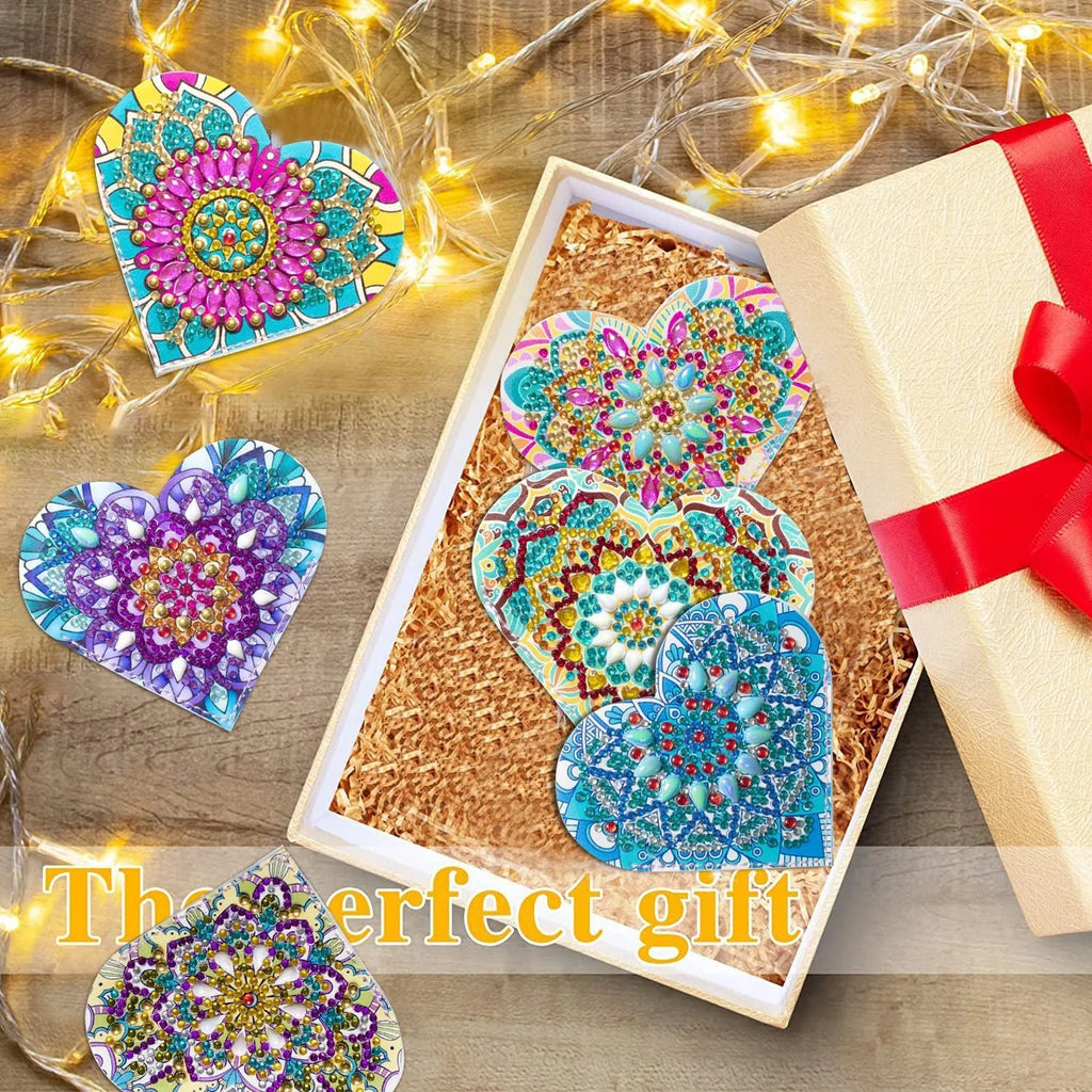 Six handmade PU leather bookmarks with stick-on crystal flowers in cornerite designs