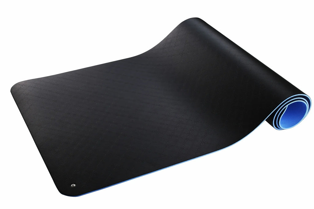Blue conductive yoga mat with floral pattern, grounding wire, and non-slip PU leather surface