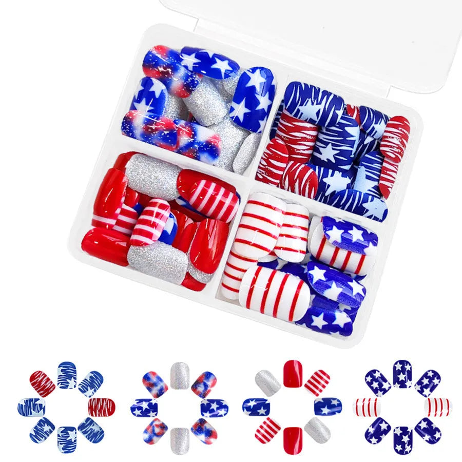 False nail tips with red and blue glitter multicolour finish in Independence Day holiday theme