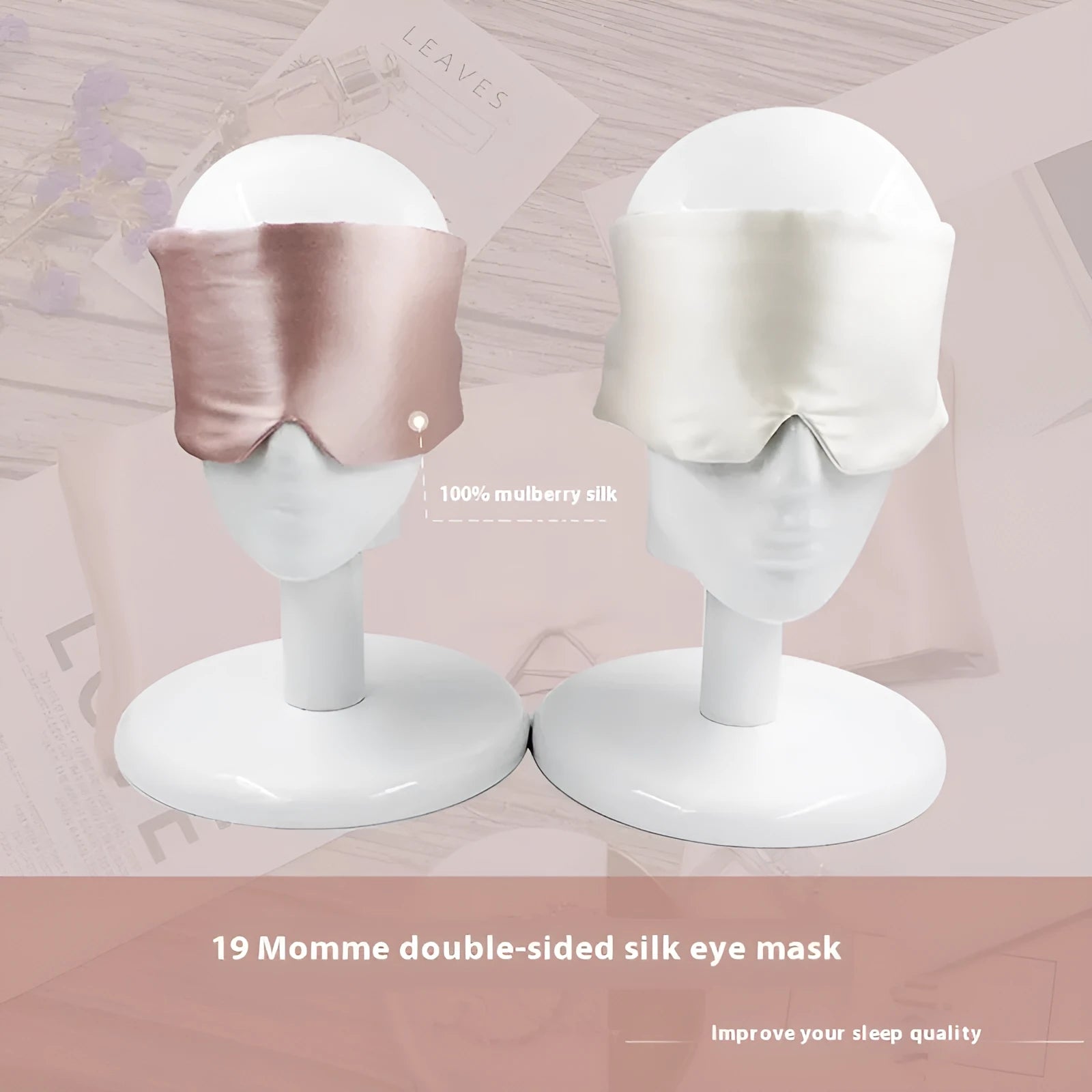 Mulberry silk sleep eye mask shown in champagne gold colour for light blocking comfort.