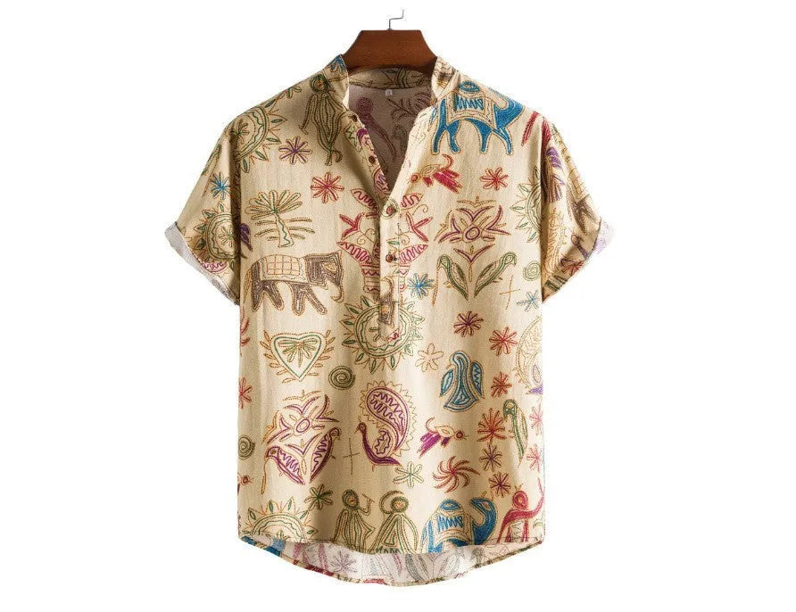 Plus size men's 3D digitally printed cardigan shirt in loose fit with elastic polyester fabric