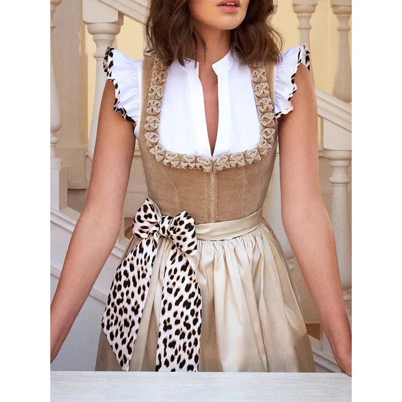 Khaki German Oktoberfest beer style women's dress with elegant design on mannequin