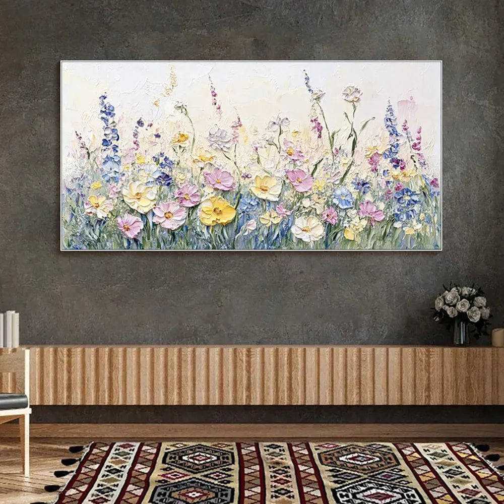 Handmade oil painting canvas wall art with 3D palette knife flowers in modern style, rolled frameless unstretched