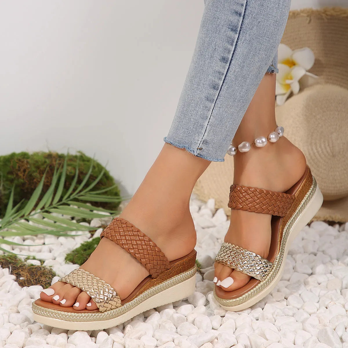 Gold metallic wedge sandals for women with PU upper and rubber sole