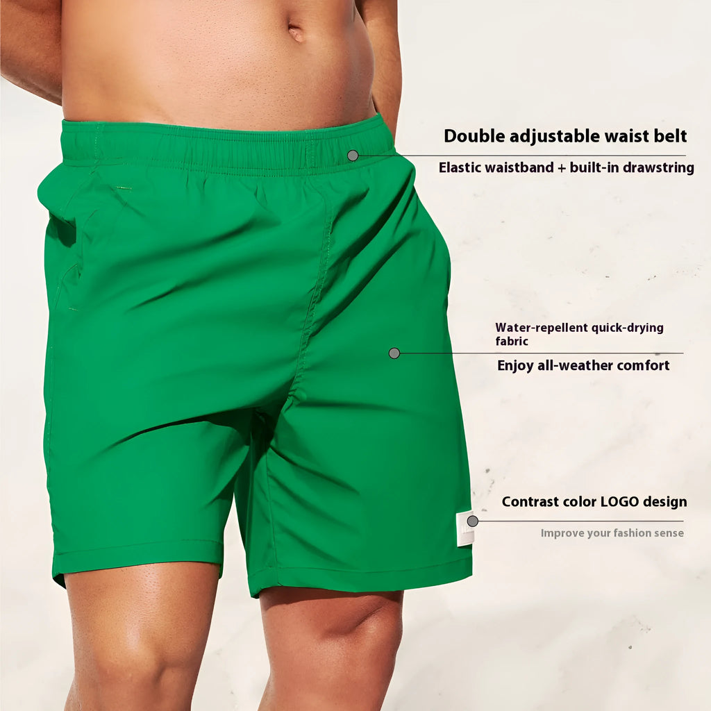 Men's solid colour quick-dry nylon sports shorts on a beach background