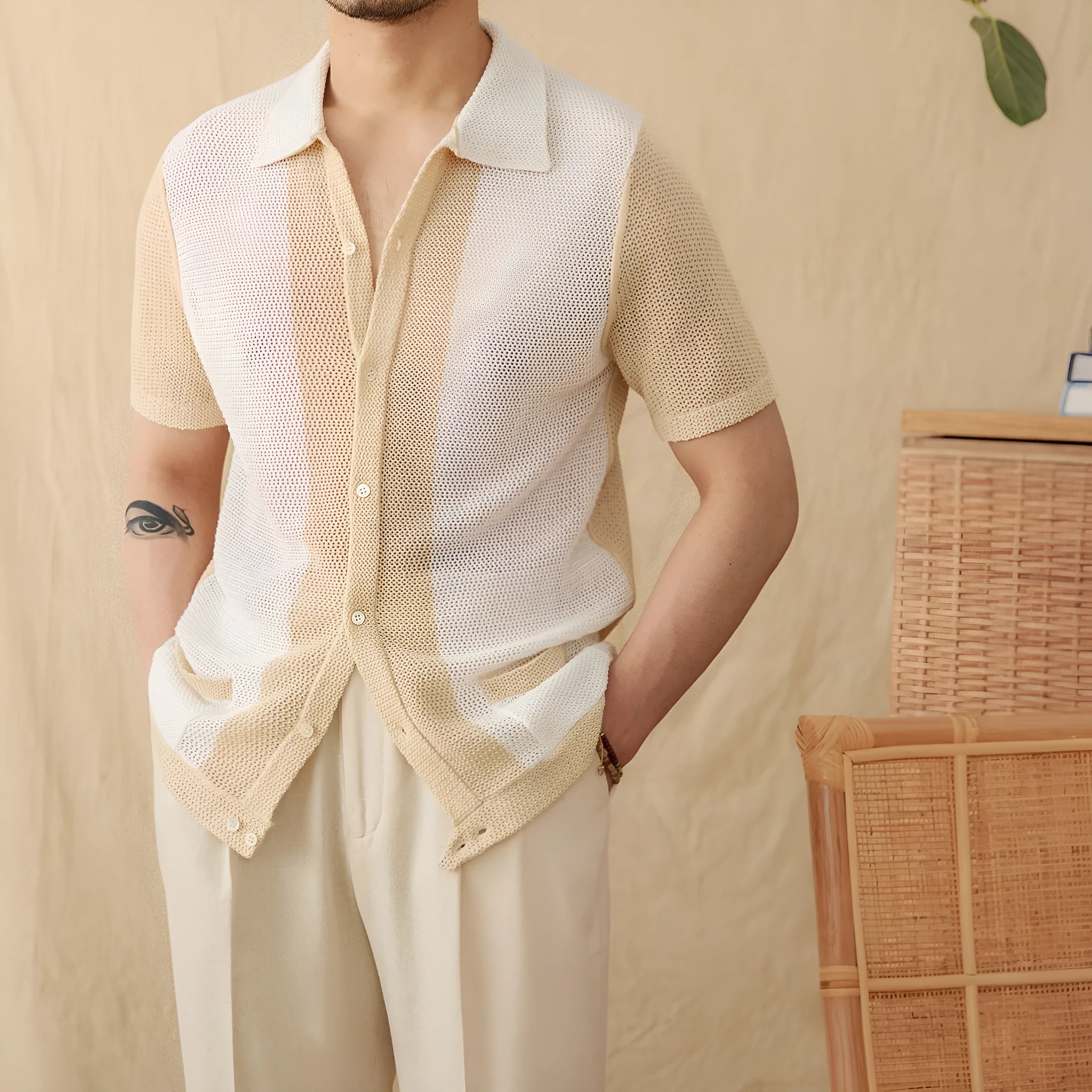Beige lapel collar short sleeve cardigan made from cotton linen blend fabric