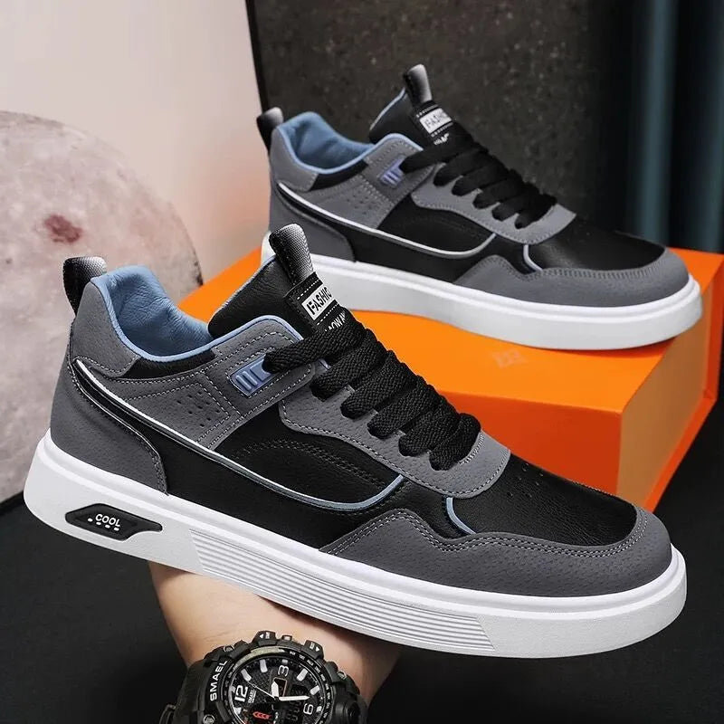 Men's Korean-style canvas board shoes in black with mesh lining and round toe design