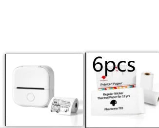 Phomemo T02 mini thermal label printer in white, showing front view with roll of sticky paper