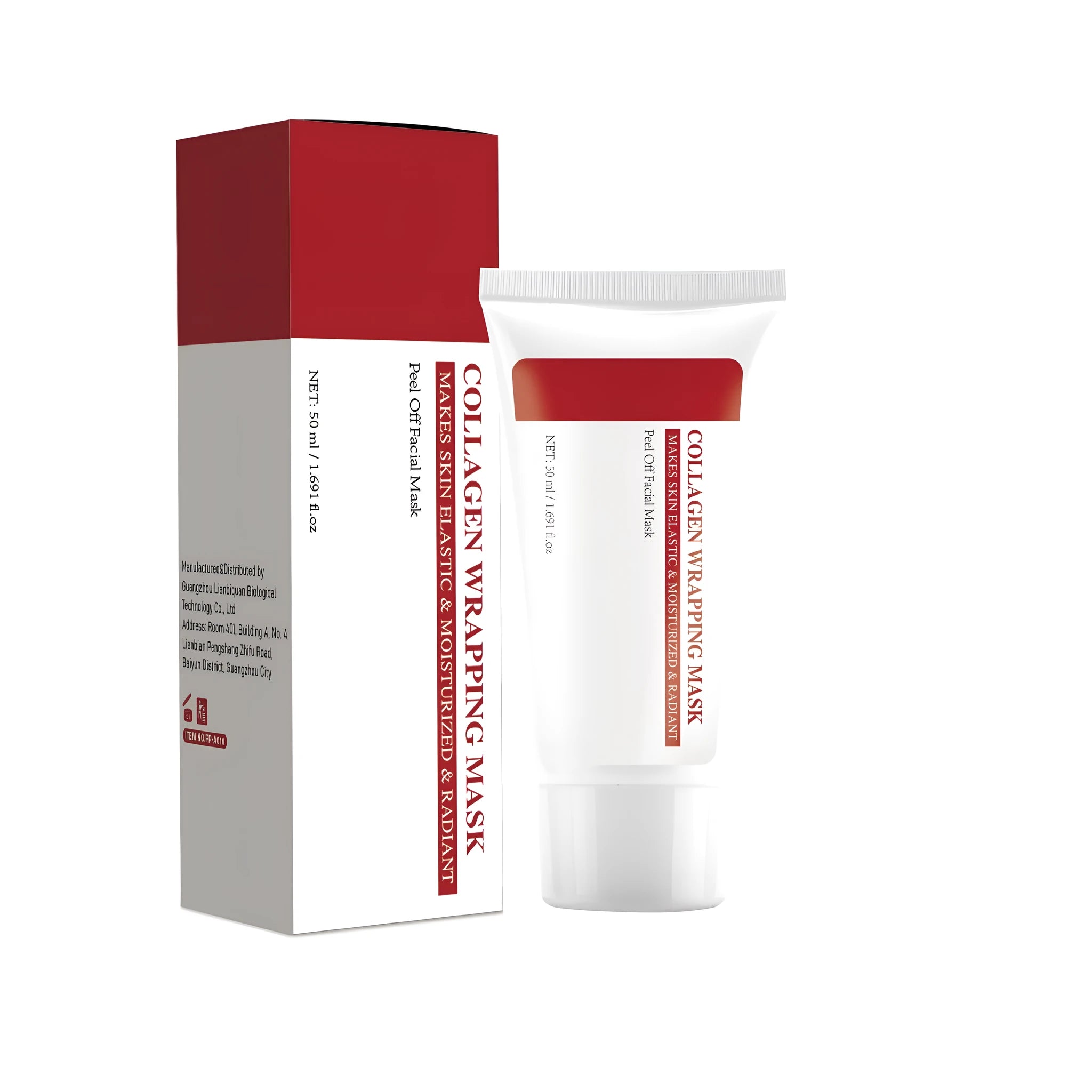 Hydrolysed collagen facial mask 50ml in packaging, 40mm by 40mm by 113mm size.