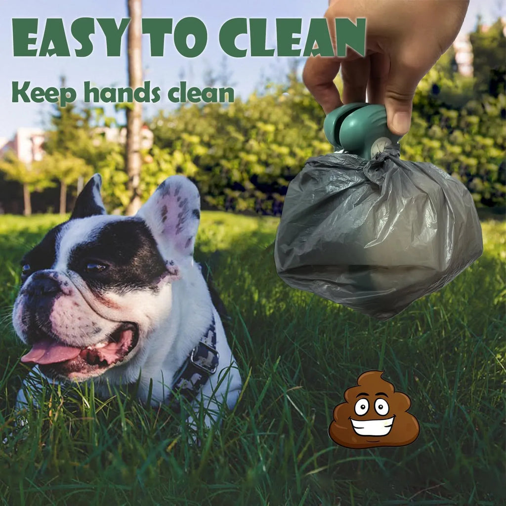 Blue portable pooper scooper with clip, expandable container, and integrated waste bag dispenser for dog waste cleanup.