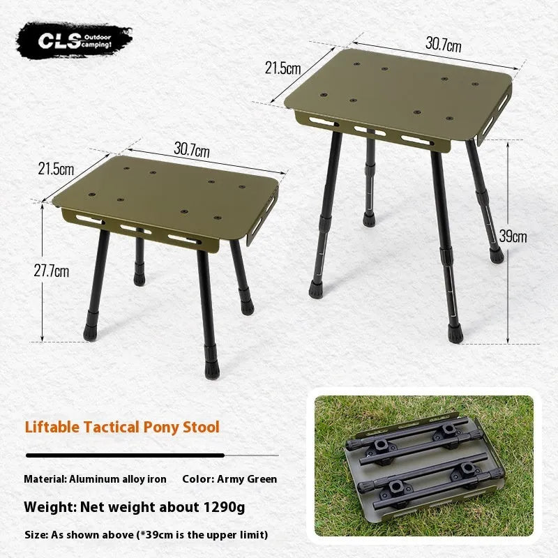 CLS aluminium alloy dual-use camping stool converted to small table with Army Green PU mat cushion
