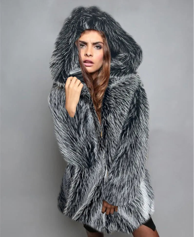 Silver grey artificial fur coat with mid-length 65cm design and loose trendy silhouette