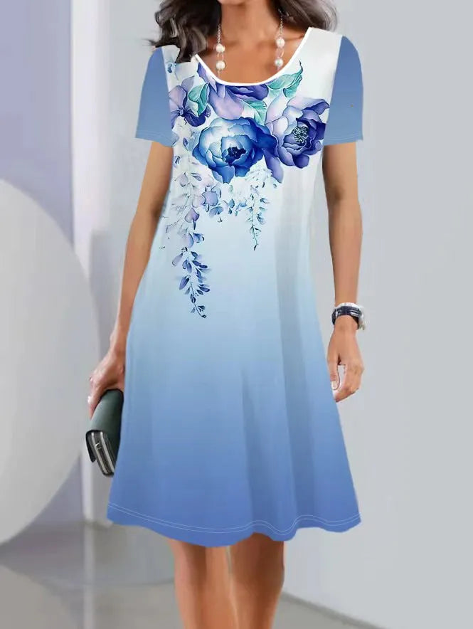 Women's Ice Silk polyester A-line midi dress with botanical print, short sleeves and round neck