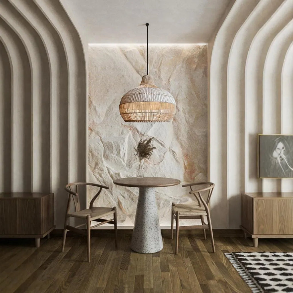 Woven rattan pendant chandelier with a 60cm diameter in a pastoral Silent Wind style.