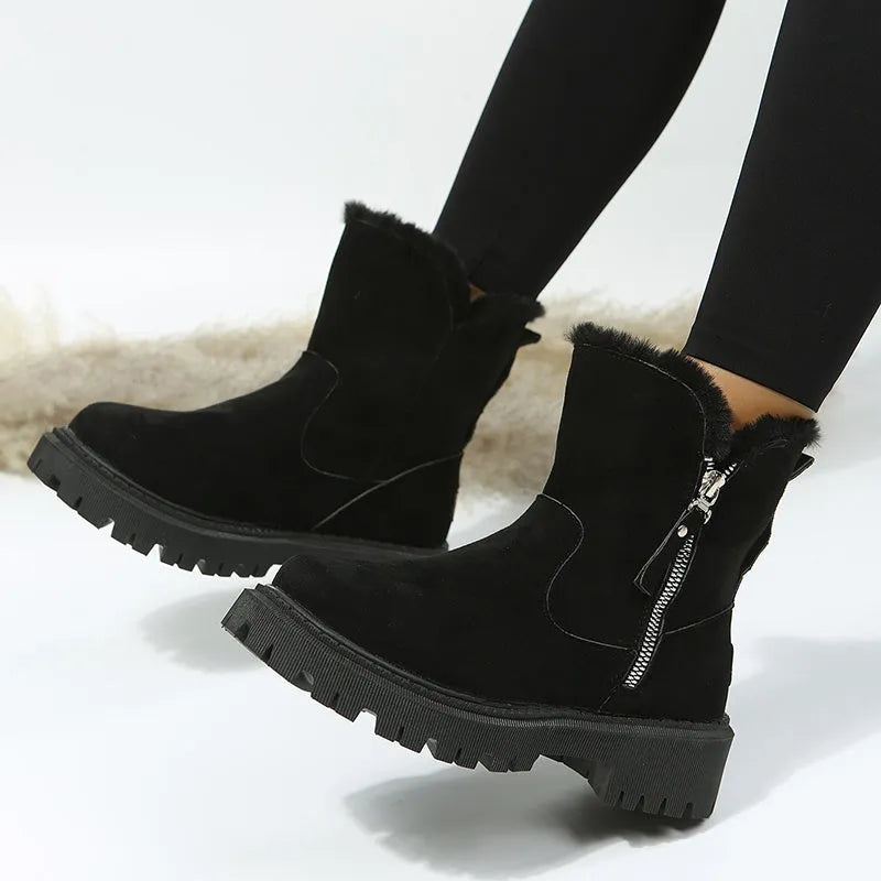 Black high-top women's snow boots with side zipper and faux fur cuff