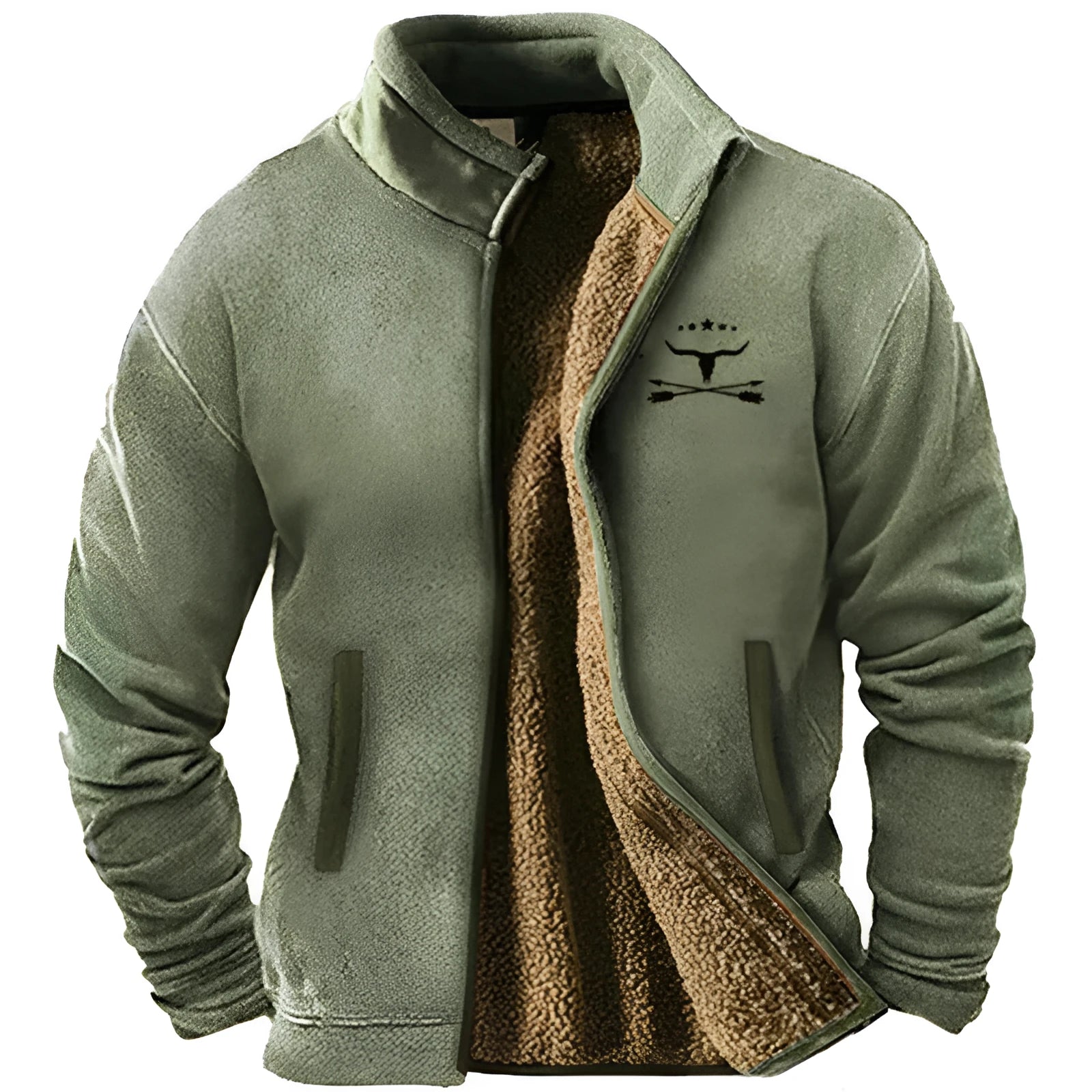 Men's padded polyester coat in regular fit with fleece lining shown in green colour