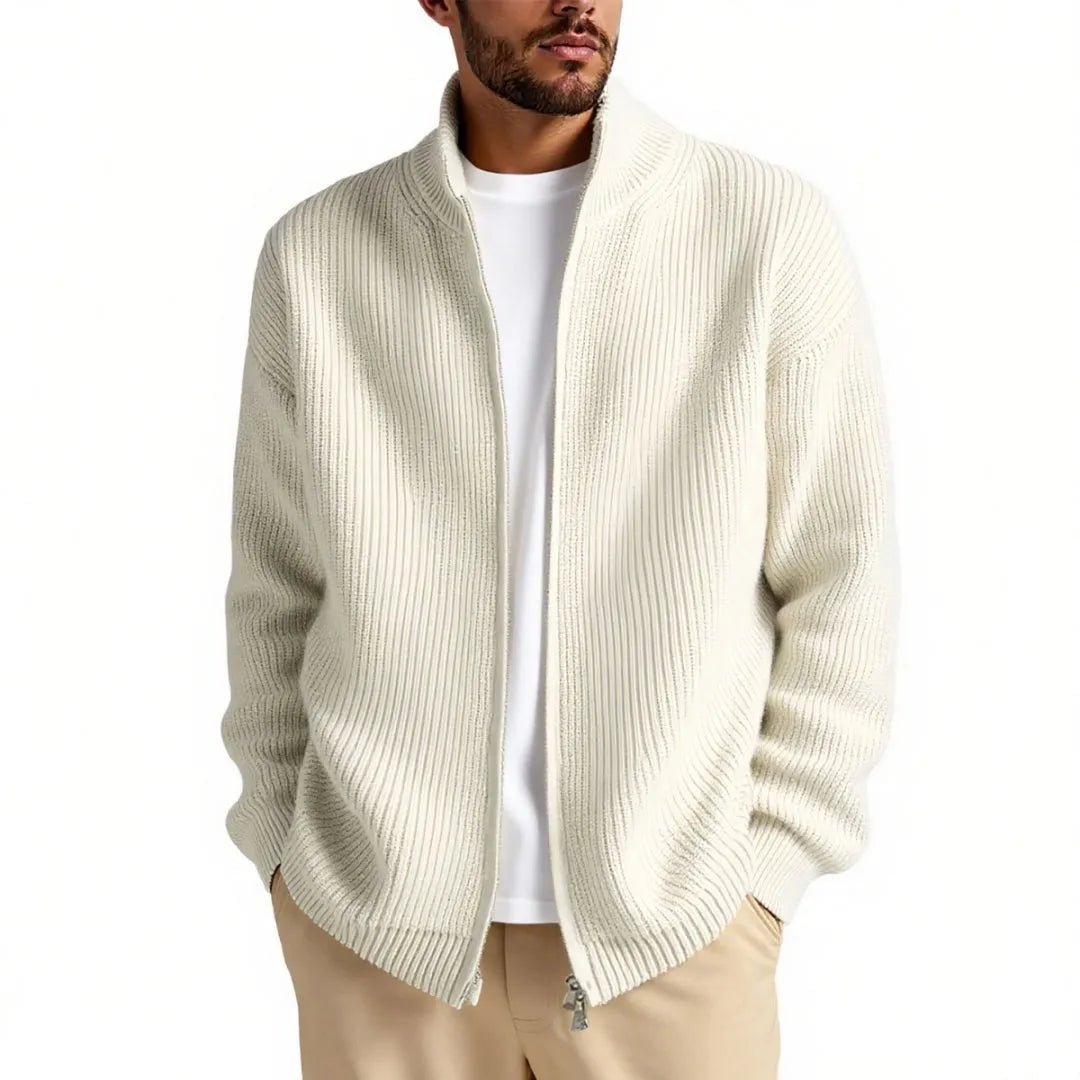 Man wearing a loose-fit grey cardigan sweater coat for casual leisure wear.