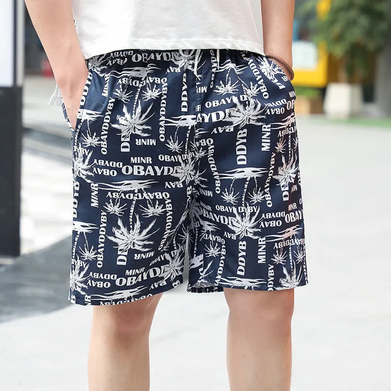 Men's floral print five-point swimming trunks made from polyester in a free size.