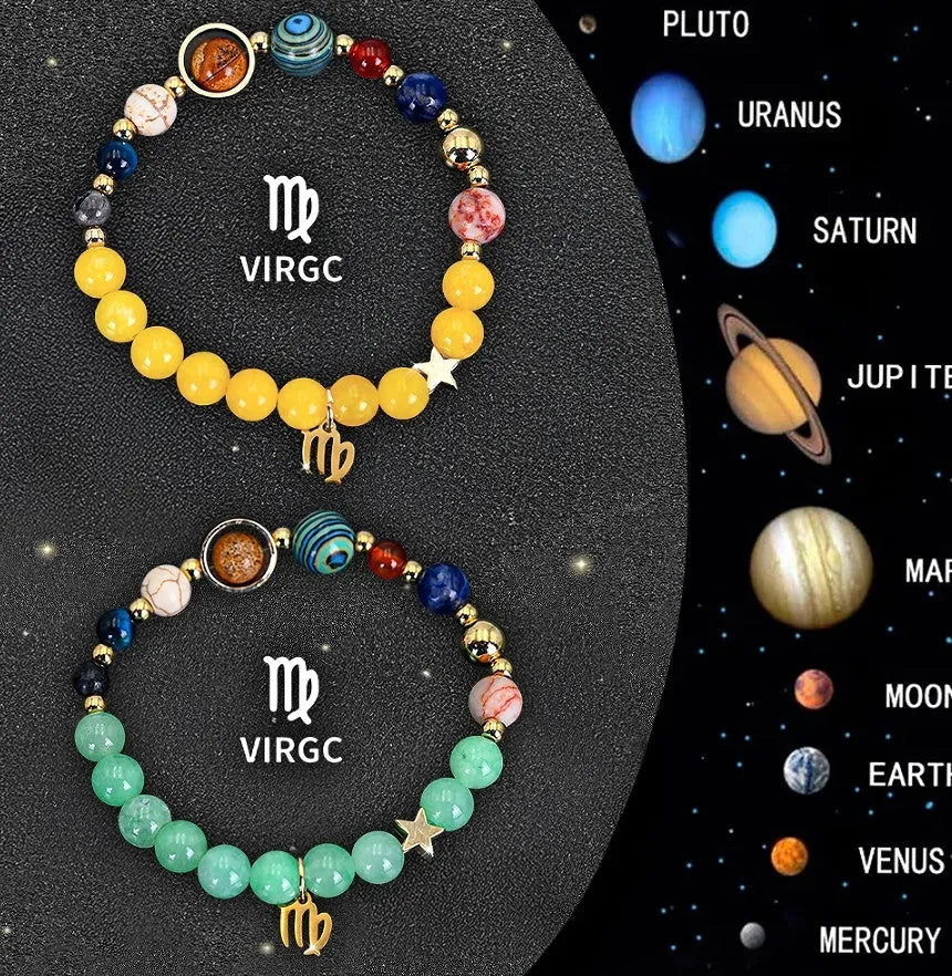 Two natural stone beaded bracelets for zodiac signs on a neutral background.