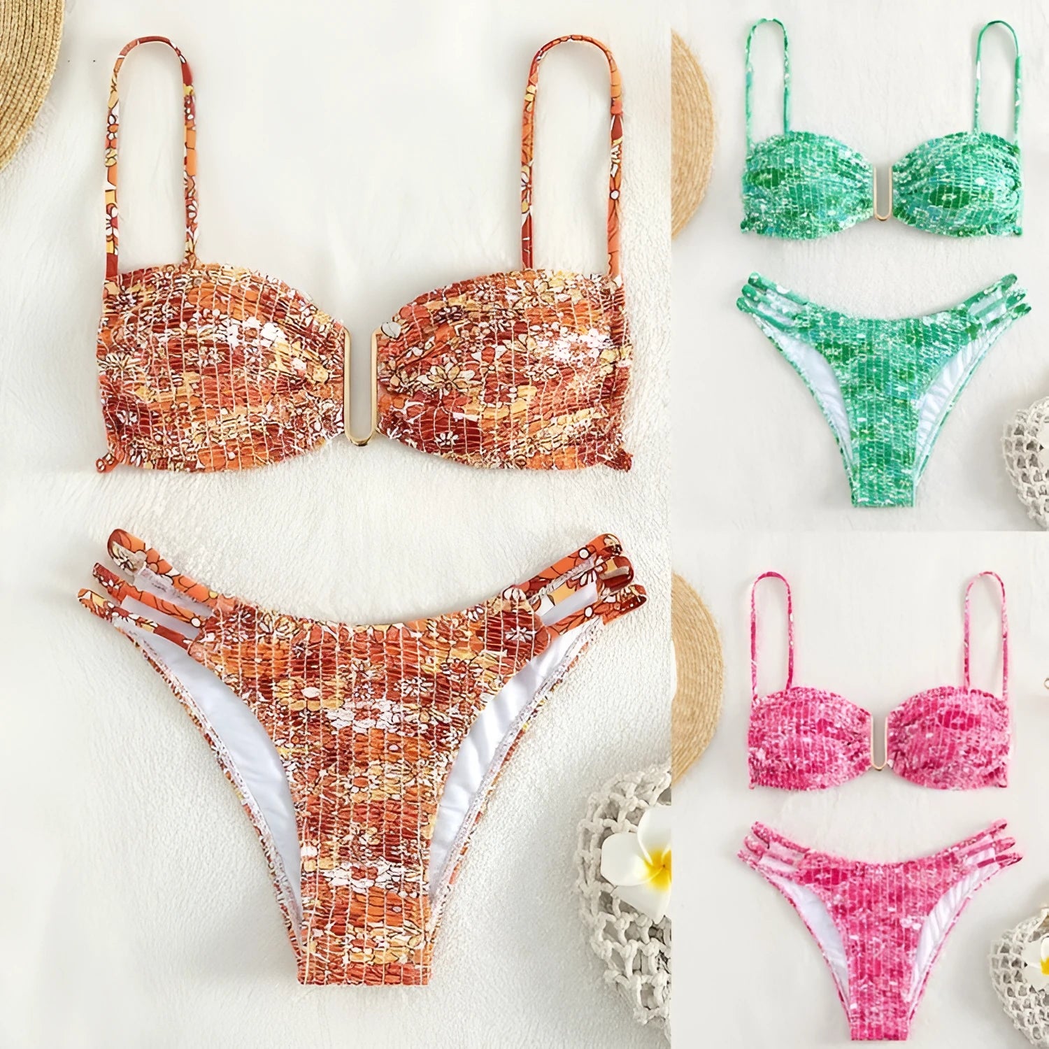 Women's high-waist floral bikini swimsuit set in solid colour with nylon lining