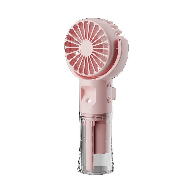 Portable handheld spray fan with transparent water tank and four-speed mist function in black colour
