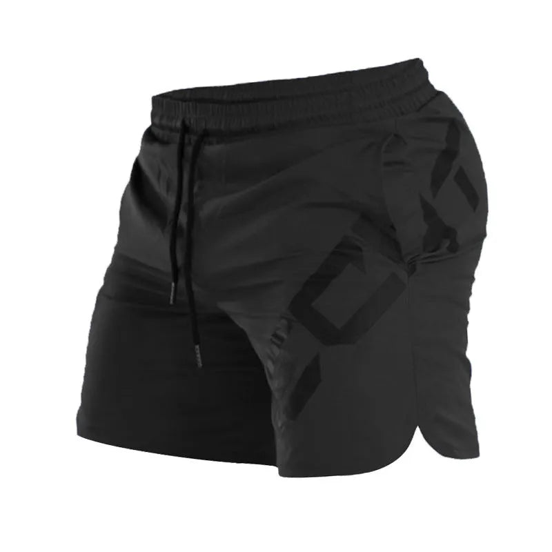 Men's black quick-dry elastic training shorts with knee-length design for summer sports